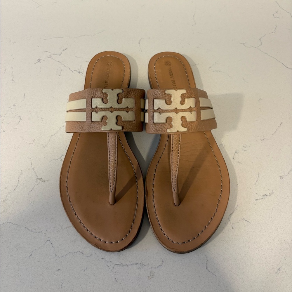 Tory Burch Leather Thong Sandals in Tan and Cream